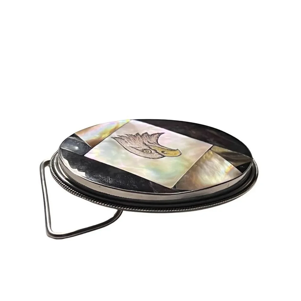 Vintage Abalone & Black Onyx Inlay Eagle Head Belt Buckle